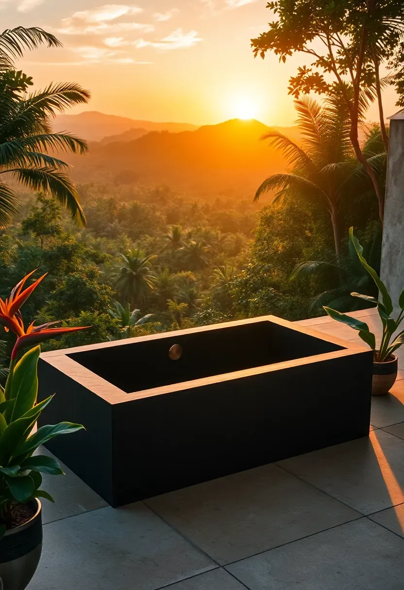 Outdoor infinity edge soaking tub on a terrace overlooking a lush tropical landscape at sunset