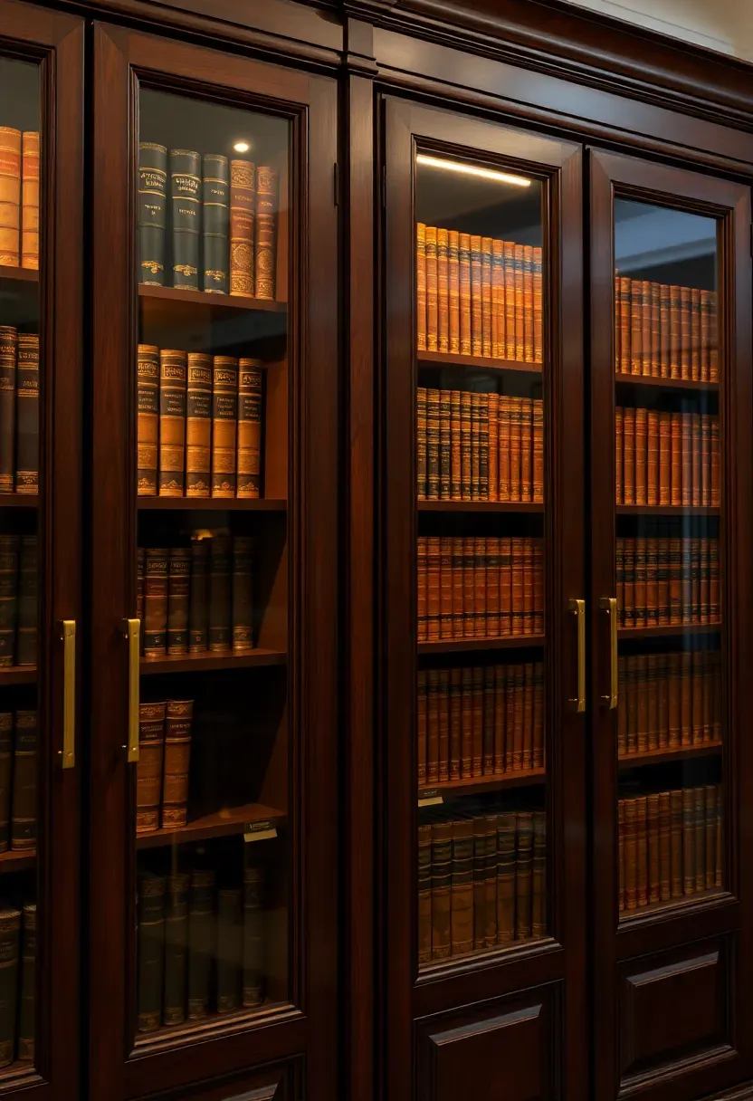 Hyper-realistic 3/4 view of glass-doored bookcases with brass hardware in a formal library. Behind the glass, rare books are displayed with some covers facing outward, leather bindings glowing in warm light. Muntined glass doors with brass handles and locks, interior LED lighting. Mahogany case construction with crown molding. Materials: mahogany wood, brass hardware, muntined glass. Warm interior lighting highlighting book spines and leather, reflections on glass. Formal museum-quality mood like a rare book room. Sharp details, visible brass hardware, no glare, no clutter.</p>
