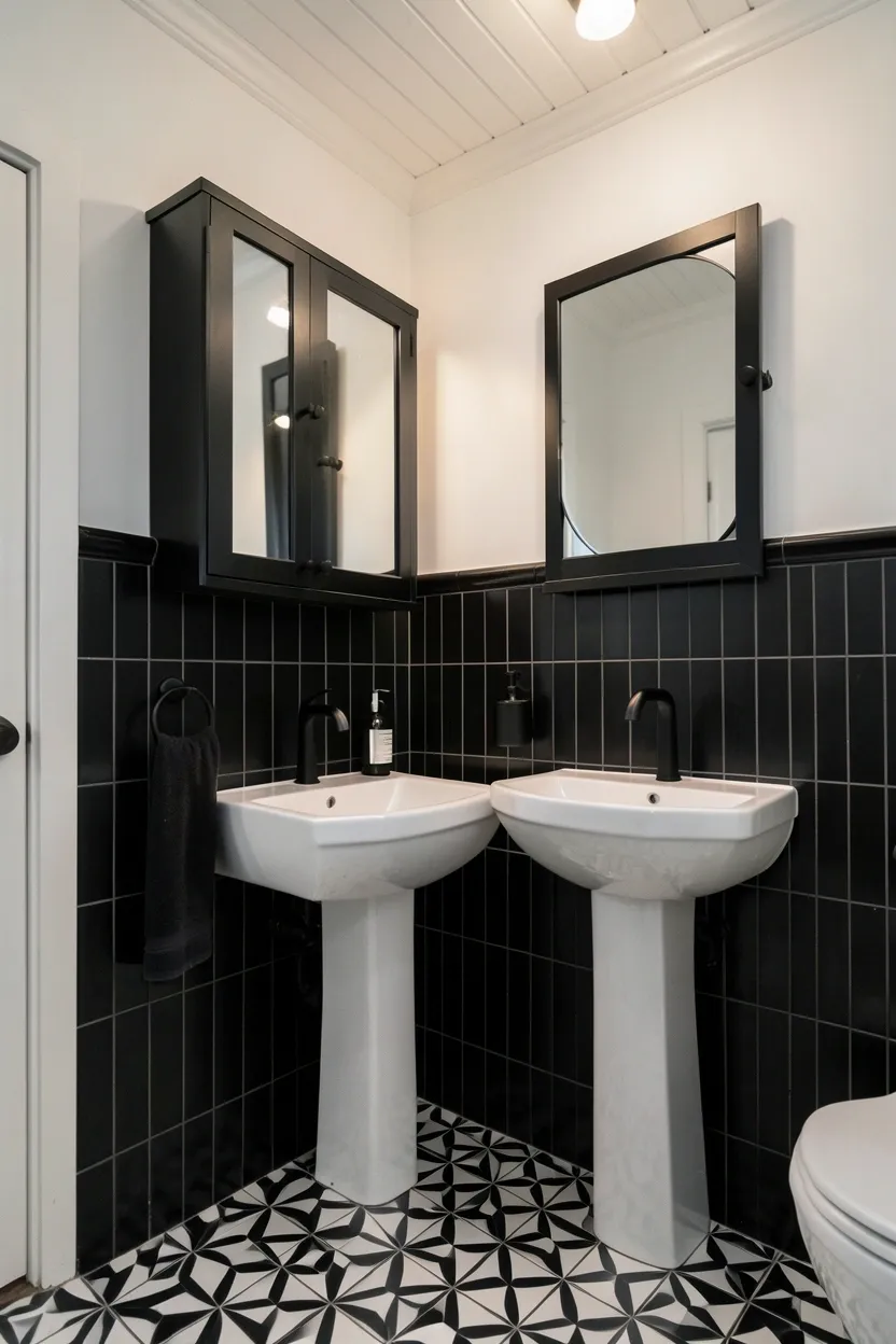 Black subway tile wainscoting at chair-rail height with bright white walls above — monochrome bathroom design