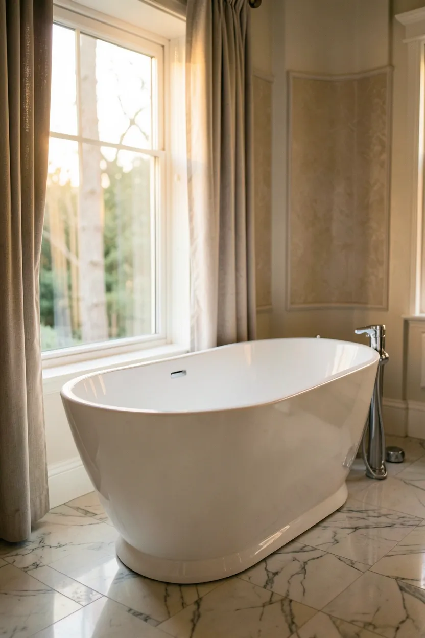 Deep freestanding soaking tub positioned beside a large window with natural light in an elegant bathroom retreat