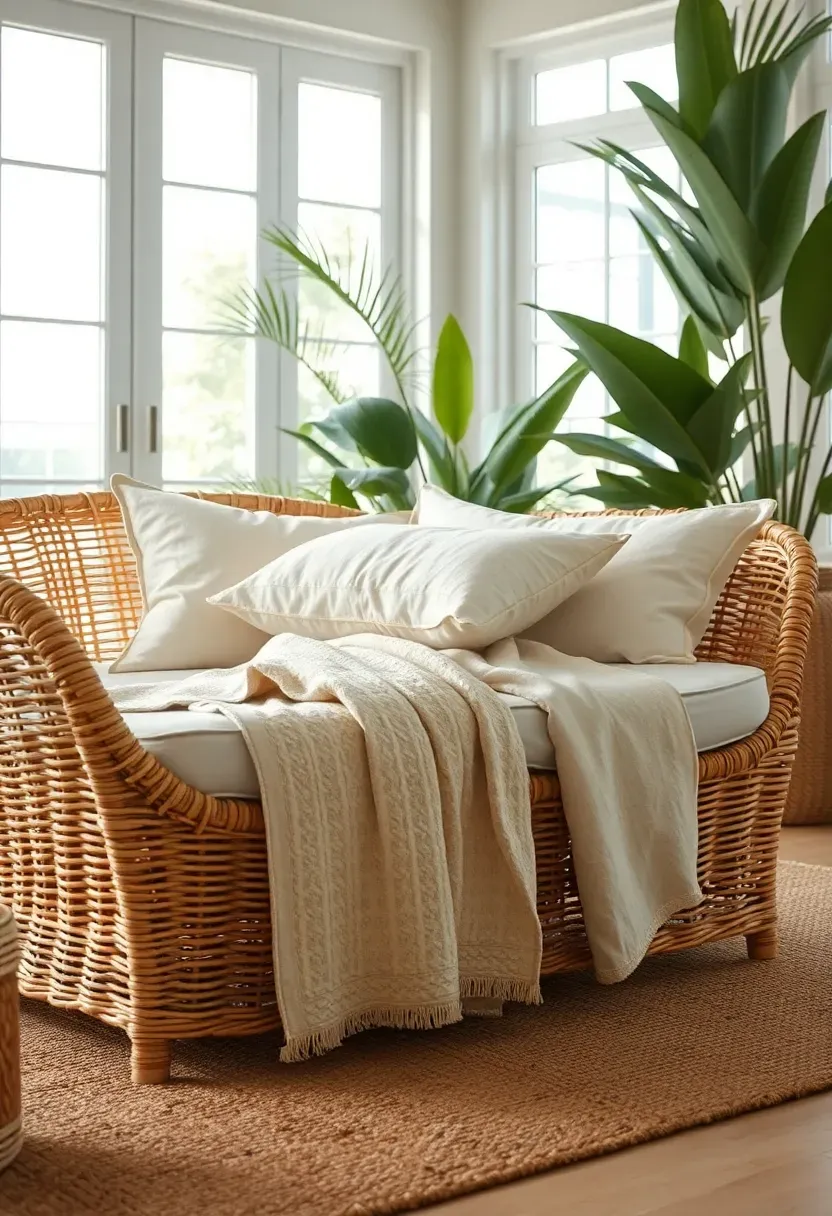 Natural wicker daybed with stacked white linen cushions and a cotton throw in a bright airy sunroom with tropical plants