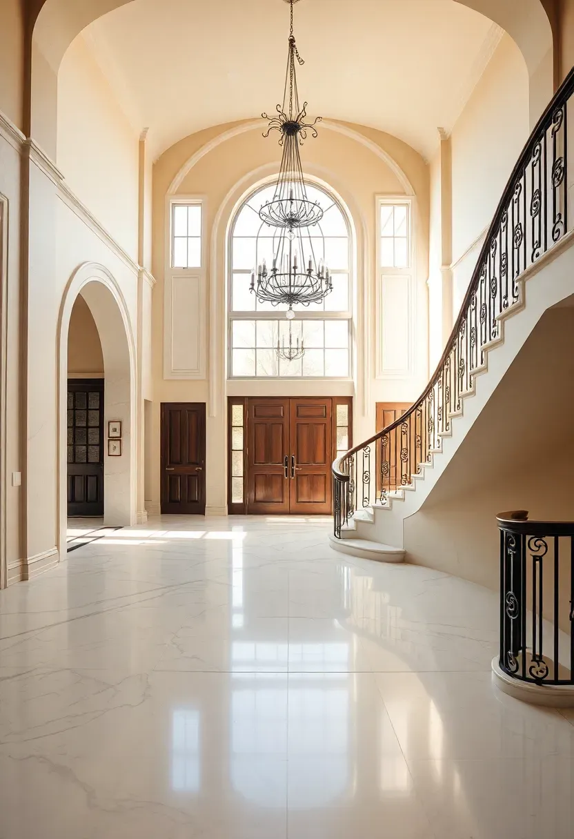 Grand two-story entryway with a dramatic arched doorway, polished marble floor, iron chandelier, and sweeping staircase