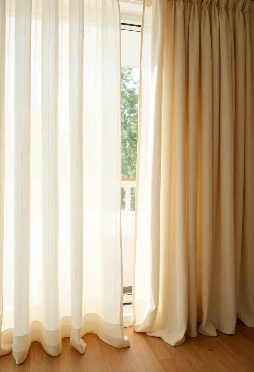 Sunroom bedroom window with layered sheer linen curtains and blackout panels in soft ivory, morning light filtering through, bed visible in background