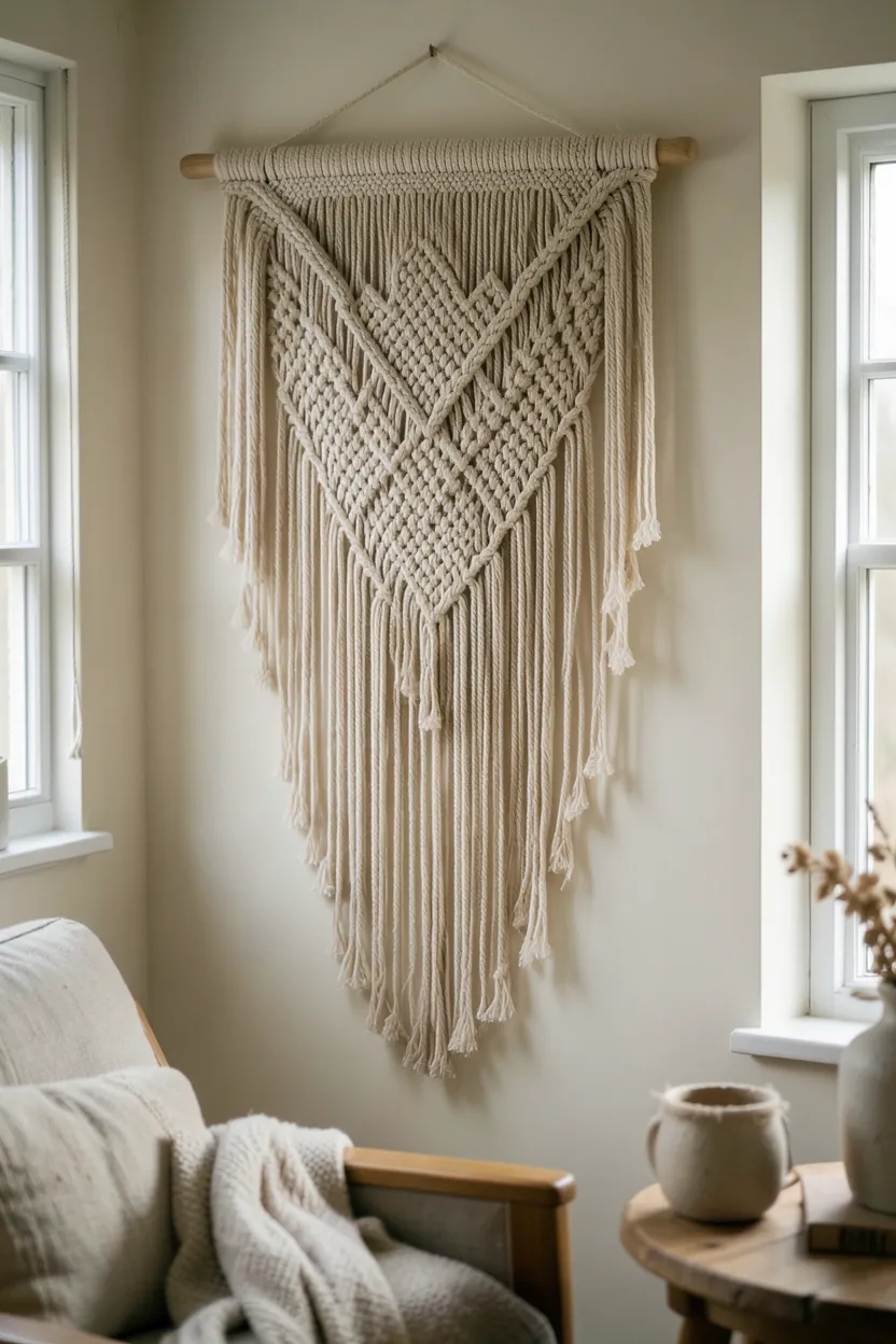 Large handmade macramé wall hanging in cream cotton above a natural wood console table in a Scandinavian boho living room