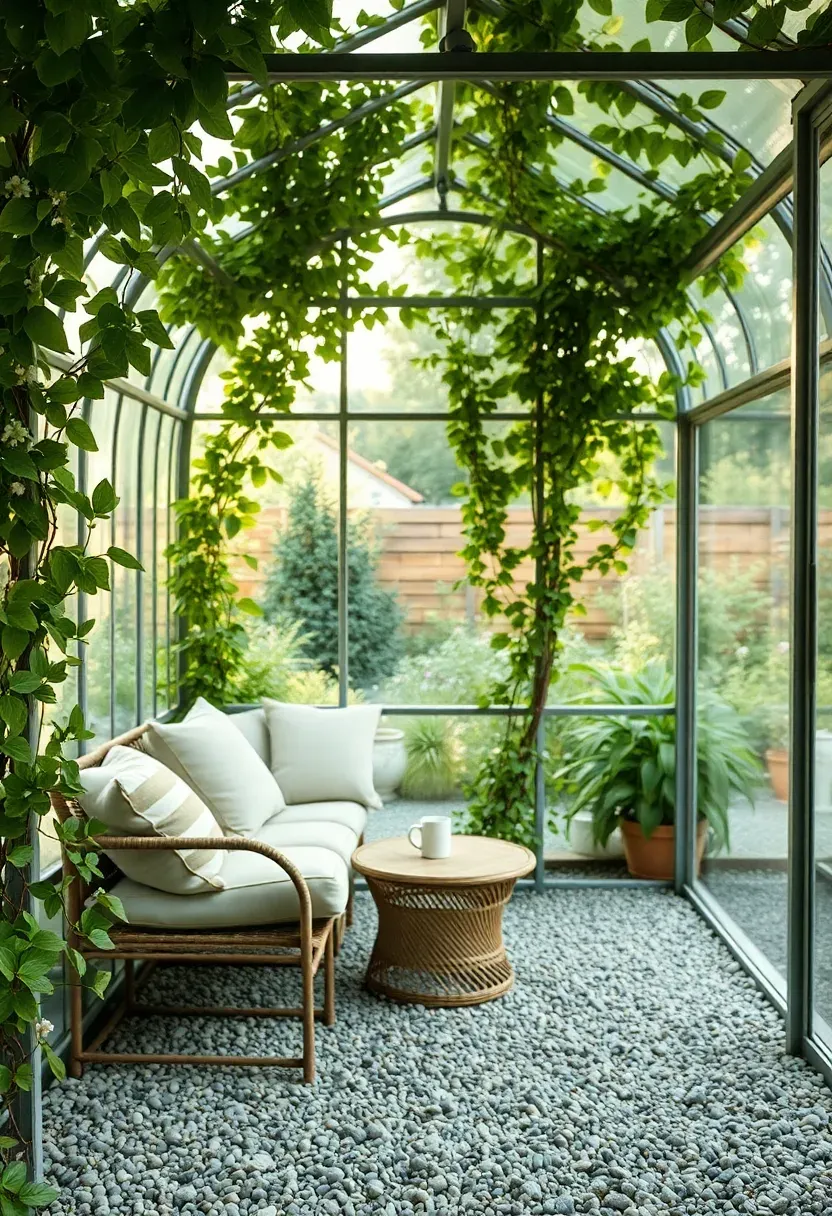 Backyard sun room made from a repurposed greenhouse metal frame with climbing vines and comfortable seating inside