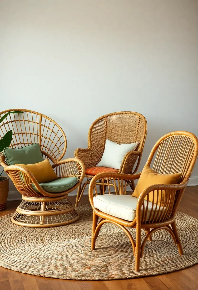 Hyper-realistic 3/4 view of an earthy boho living room showing a collection of three different rattan and cane chairs—a large peacock chair with woven high back, a cane-back armchair with curved lines, and a low rattan lounge chair—each upholstered with different but coordinating textiles in sage, mustard, and warm cream tones. Jute rug, warm wood floor. Materials: natural rattan with visible weave patterns, cane webbing, linen and cotton textiles in earthy colors, chunky jute rug, oak flooring. Natural daylight showing the beautiful craftsmanship variations in each chair. Collected-over-time authenticity. Shallow depth of field showing rattan chairs foreground with room context beyond. No text, no logos, no watermarks.</p>
