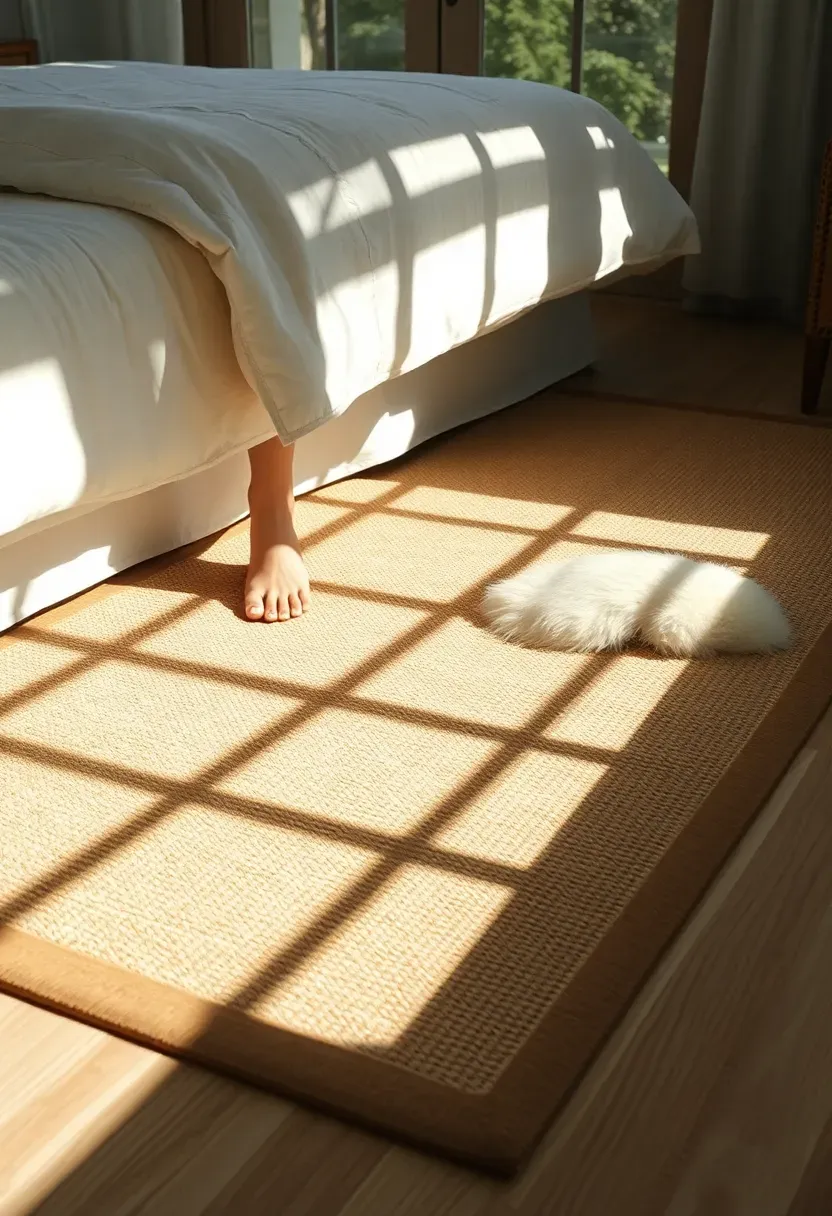 Large natural sisal area rug under a bed in a sunroom bedroom, bare feet visible, sunlight casting geometric window shadows on the textured rug surface