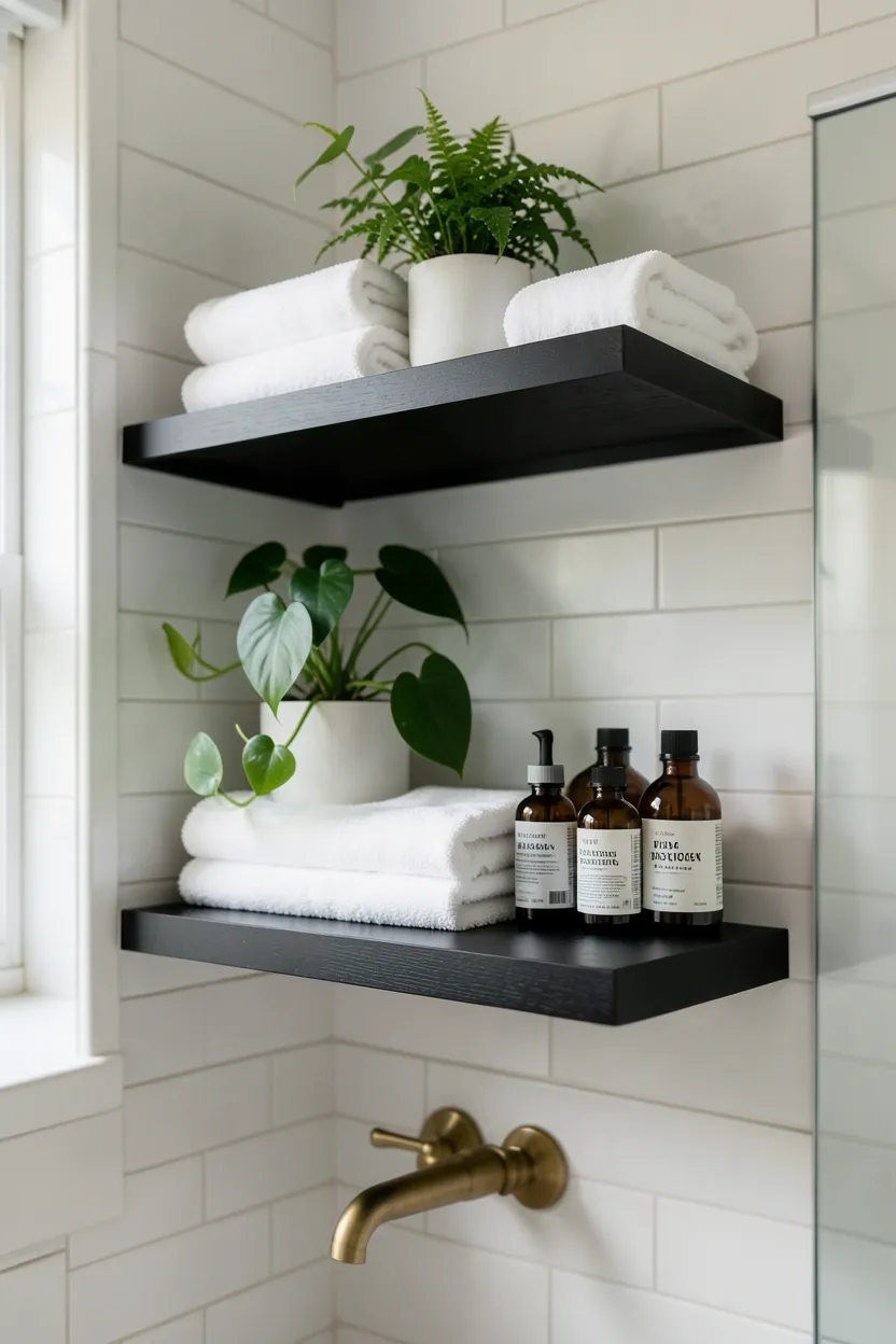 Black floating wall shelves with white towels and green plants in a small rental bathroom — budget storage upgrade