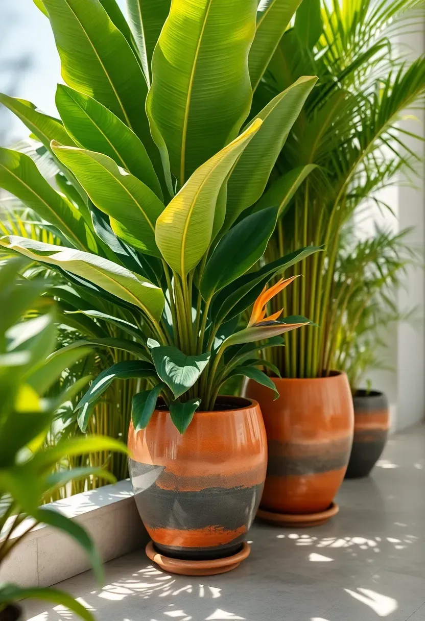 Tall tropical plants in large ceramic pots forming a lush privacy wall along a sun terrace edge, banana leaves and birds of paradise creating natural shade