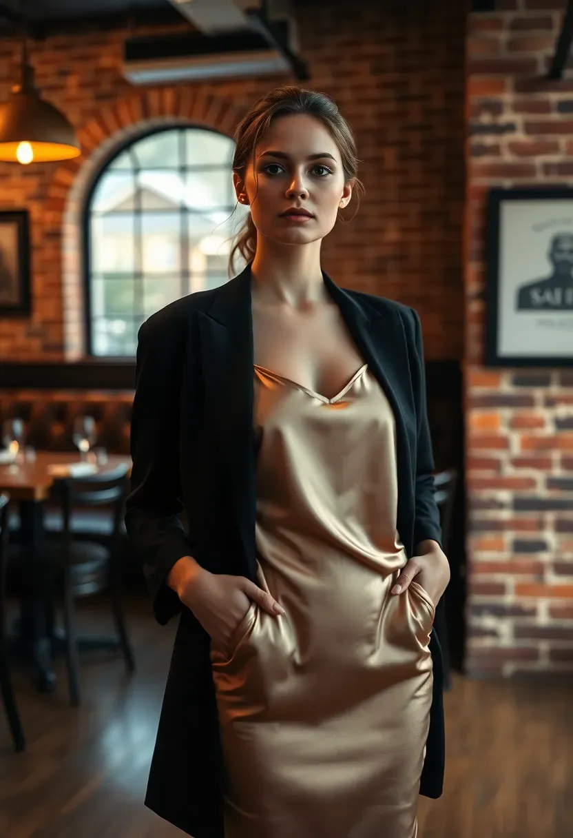 woman wearing a satin slip dress layered with a fitted black blazer at a winter baby shower