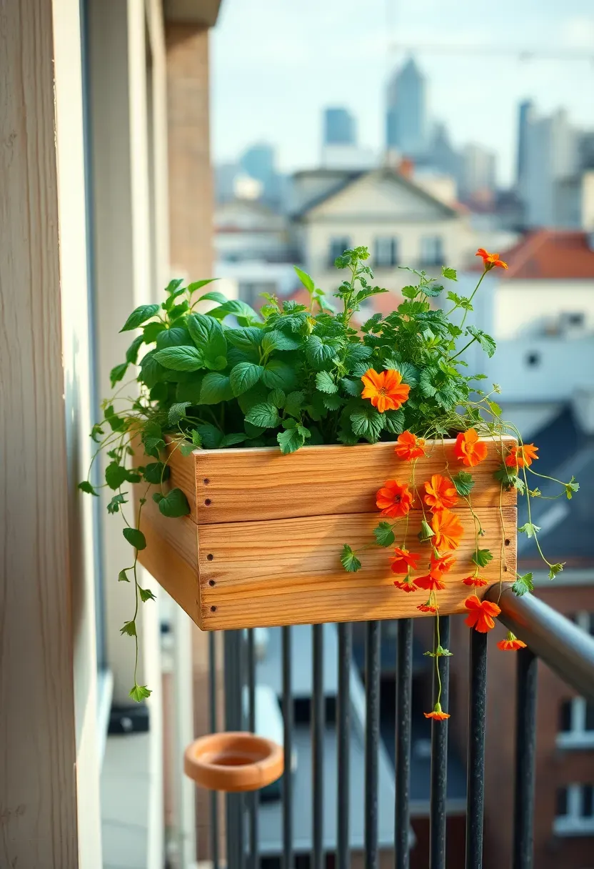 Compact wooden planter box on a balcony railing, filled with herbs and small vegetables, with a city view in the background on a sunny day