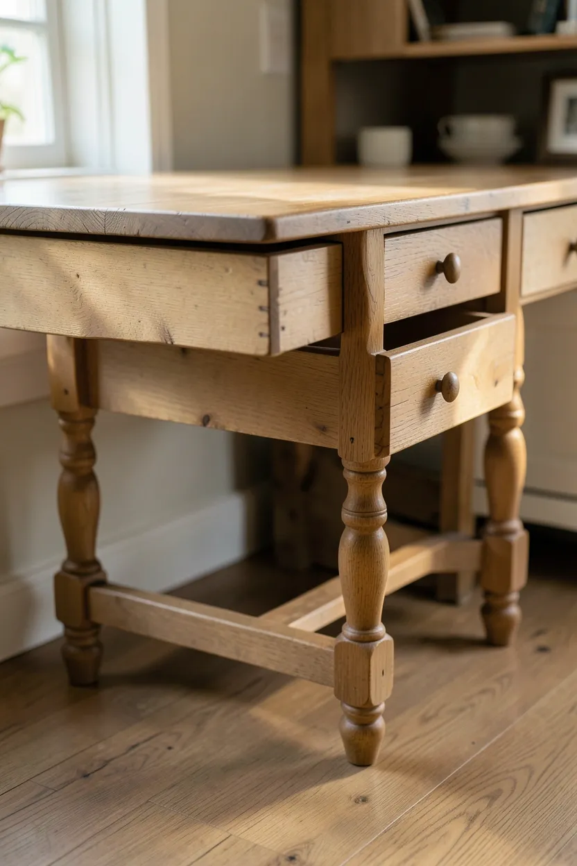 Turned-leg farmhouse wood side table with drawer beside linen sofa in cozy modern farmhouse living room