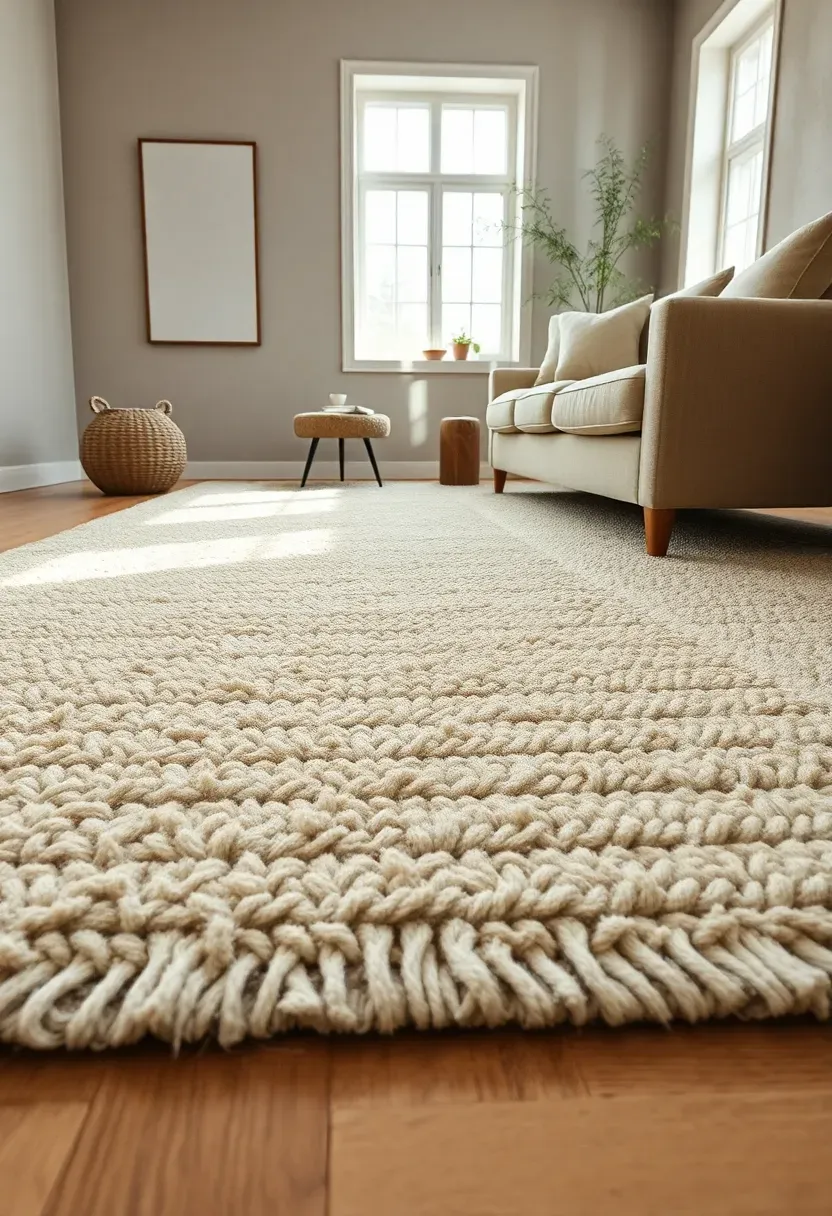 Hyper-realistic 3/4 view of an earthy modern living room featuring a cream wool rug with visible hand-knotted pile texture and natural cream variations.