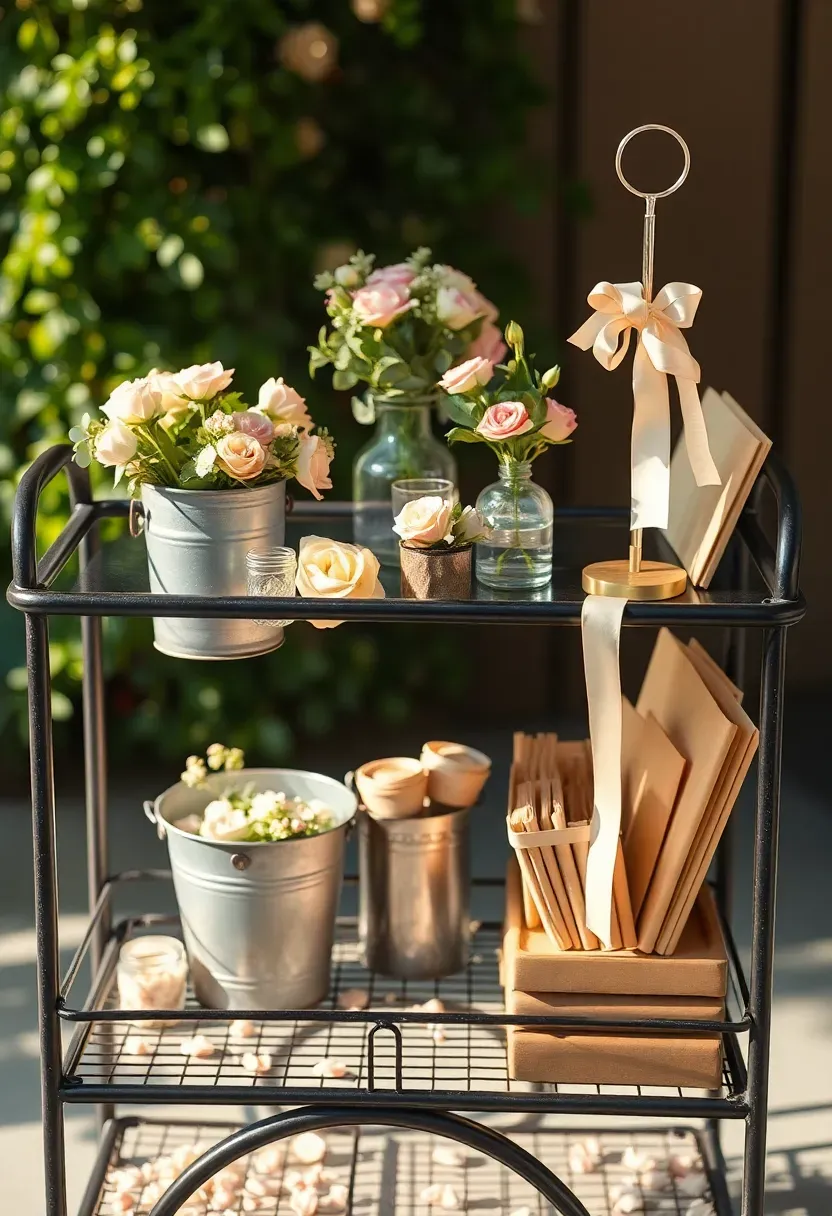 bar cart repurposed as a flower bar with galvanized buckets on lower shelf and bud vases on top