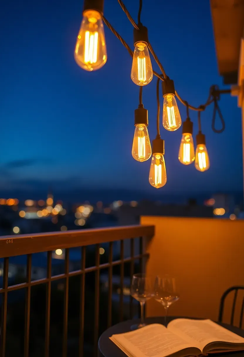 Warm string lights crisscrossing above a small apartment patio at dusk with potted plants and comfortable seating