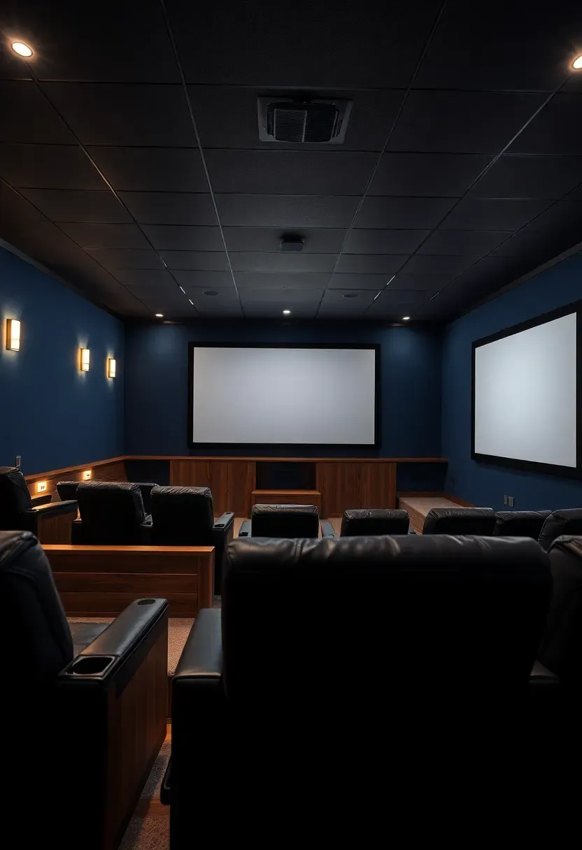 Dedicated basement home theater with three rows of tiered recliner seating, dark walls, fiber optic ceiling stars, and a large projection screen at the front