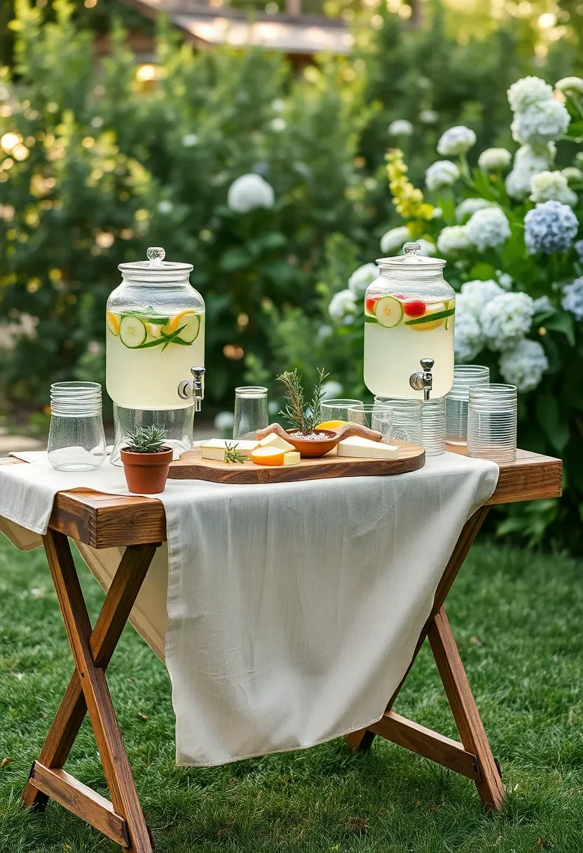 A garden cocktail hour station at a backyard wedding with a wooden table holding pitchers of lemonade, herbs, glasses, and a charcuterie spread surrounded by greenery