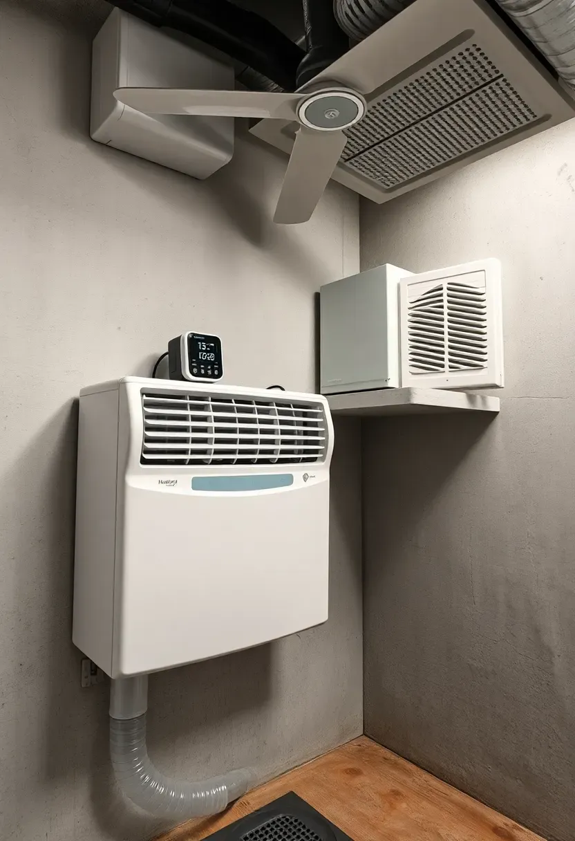 Basement utility area with a wall-mounted dehumidifier, ventilation fan installed near the ceiling, and an air quality monitor on a shelf