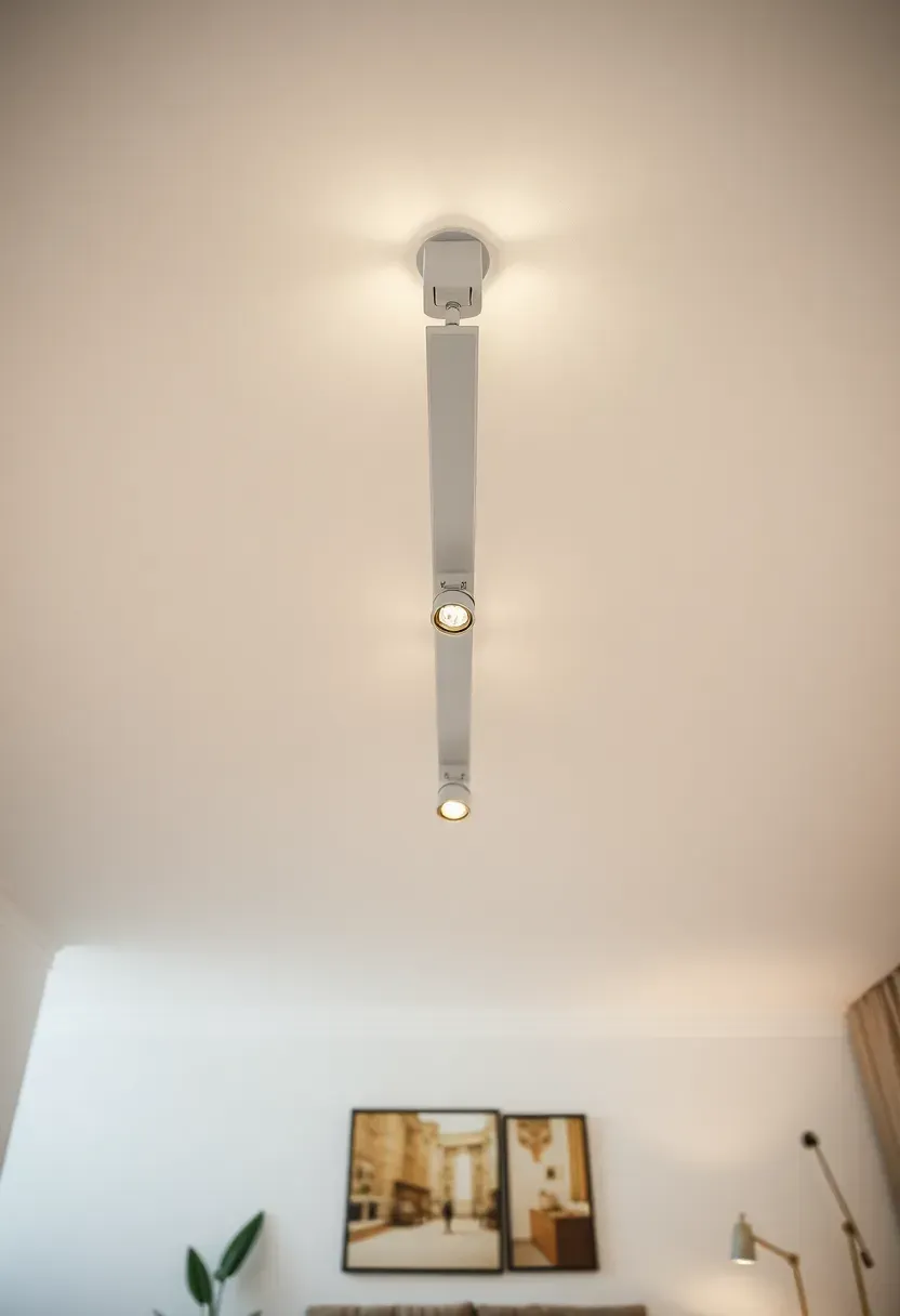 Hyper-realistic wide view from below of minimalist living room ceiling showing single flush-mounted bar with three adjustable spot heads. Slim white bar approximately 36 inches long, small white spot head fixtures mounted along bar length with adjustable gimbal mounts allowing various aiming directions. White ceiling blending with bar. Spot heads aimed toward wall features and seating below. Materials: powder-coated metal bar and spot heads, LED modules. Streamlined appearance. Shallow depth of field, sharp details on fixture design and adjustability. No text, no logos, no watermarks.</p>
