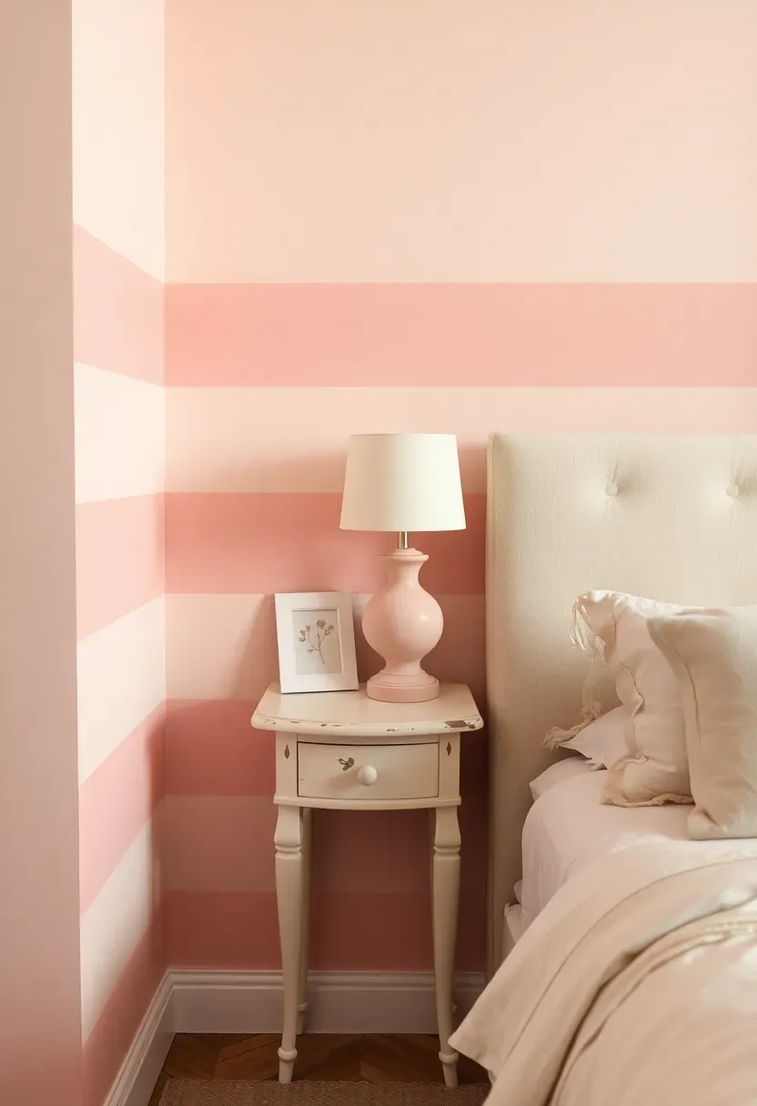 Bedroom walls painted in soft blush and cream horizontal stripes with vintage white furniture