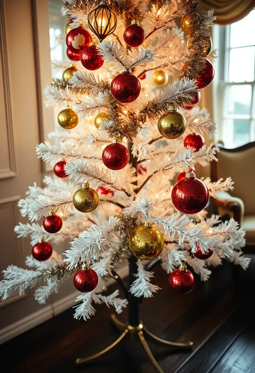 Hyper-realistic 3/4 view of a white flocked tree decorated with vintage mercury glass ornaments in faded reds, greens, and golds, with vintage tinsel garland. Materials: aged mercury glass with spotting, vintage aluminum tinsel, faded velvet ribbons, white flocked pine branches. Warm lamp light (2700K) mixed with window light, creating metallic reflections on dark wood floor. Vintage mood, shallow depth of field with glass ornament aged details sharp, visible room context with antique furniture. No text, no logos, no watermarks.</p>