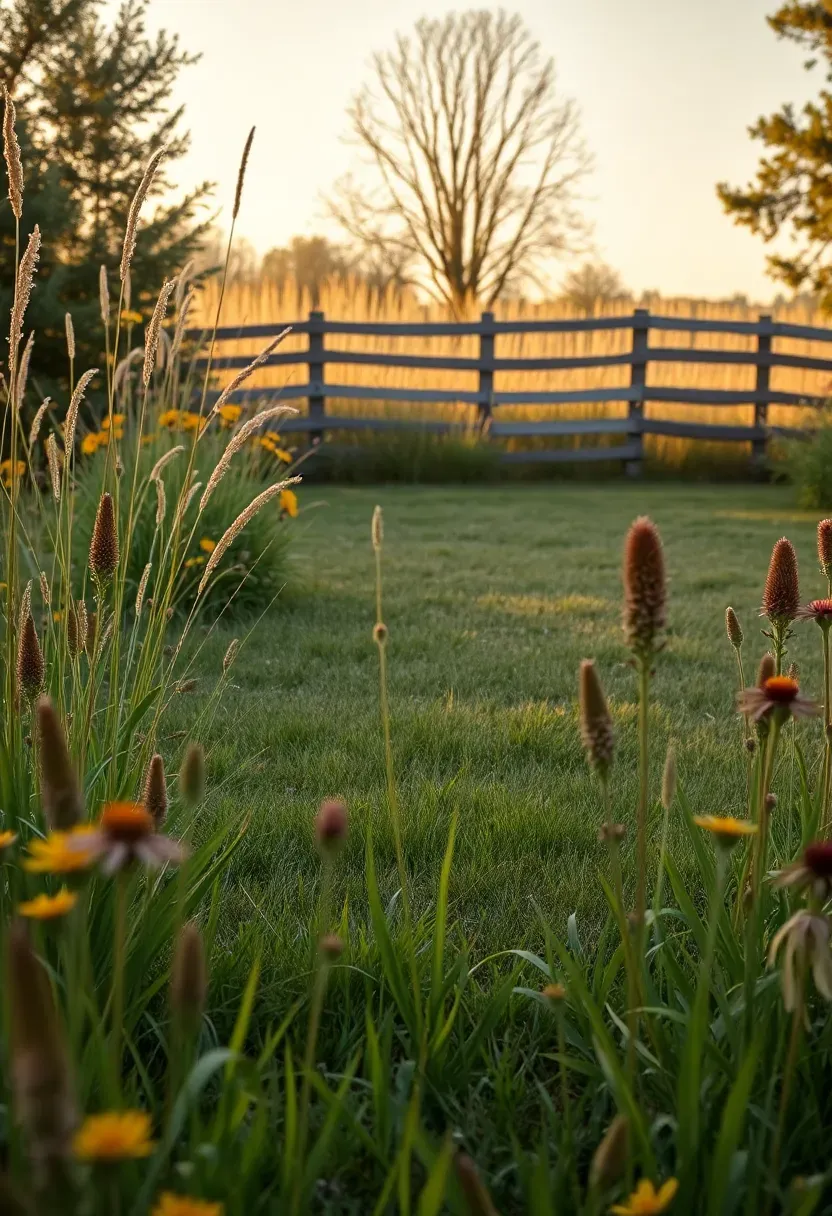 Open backyard with a large central clearing of mowed grass surrounded by a wide border of tall native wildflowers and prairie grasses glowing in late afternoon sun