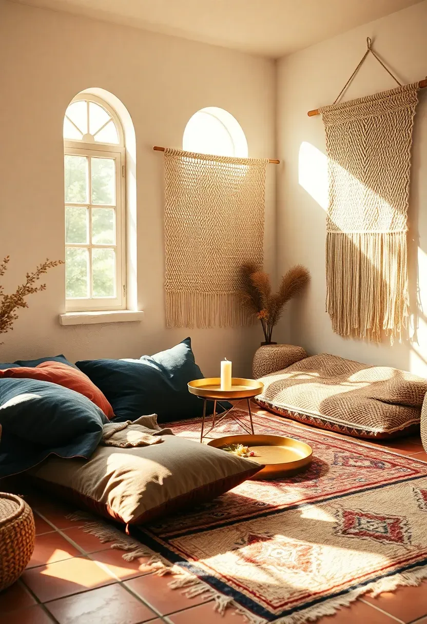 Bohemian sunroom with layered floor cushions, macrame wall hanging, kilim rug, and warm sunlight streaming through arched windows