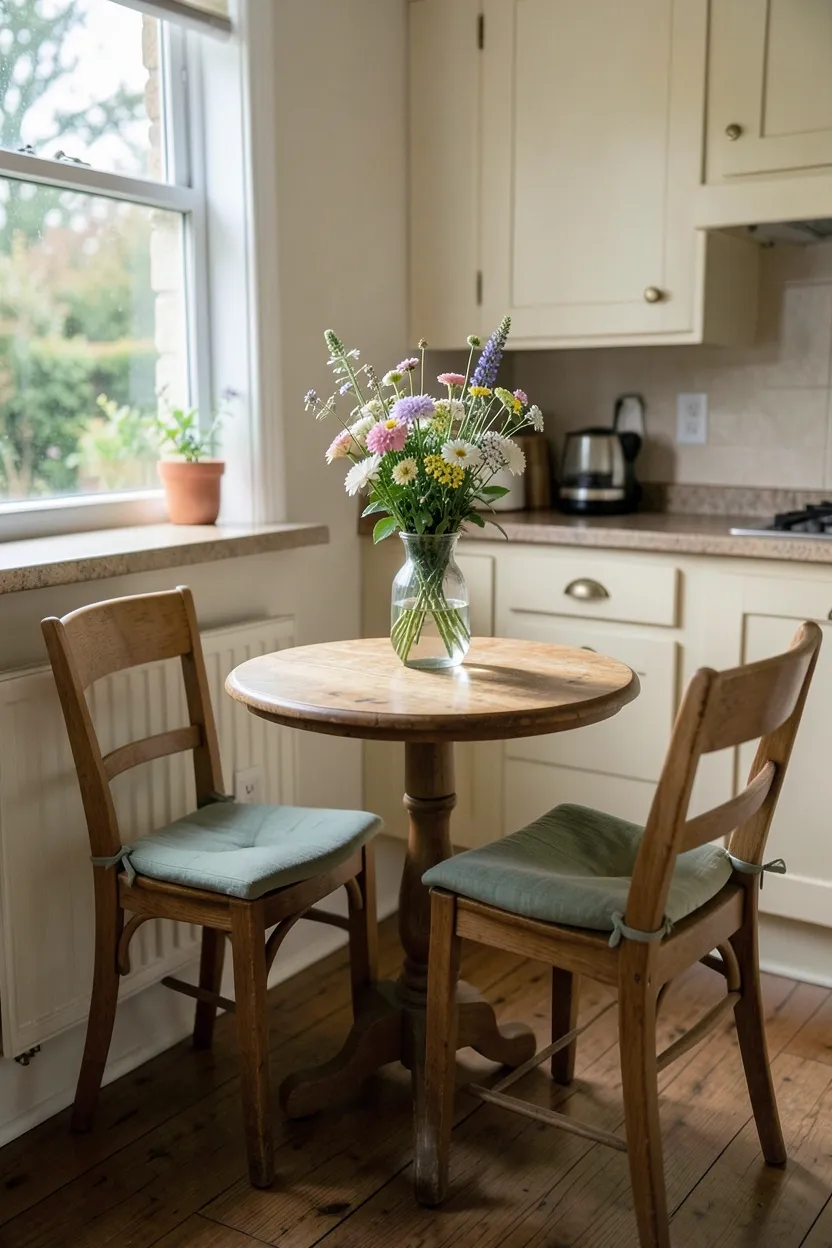 Cozy breakfast nook with a small round table by a sunny window in a cottage kitchen — intimate dining spot for renters