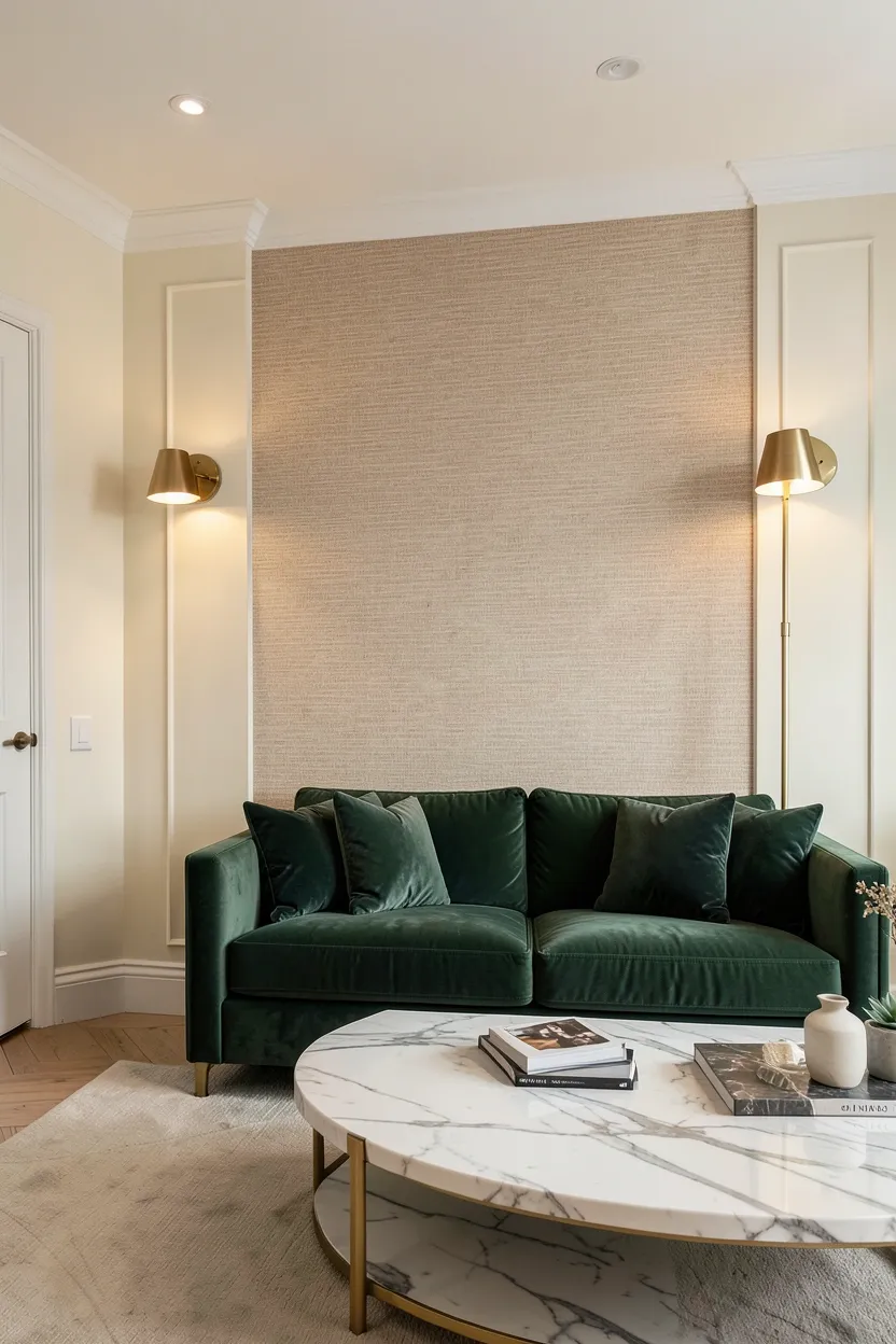 Cream and warm gray living room with brushed brass candleholders, champagne metallic vases, and a gold-tone table lamp — welcoming luxury interior