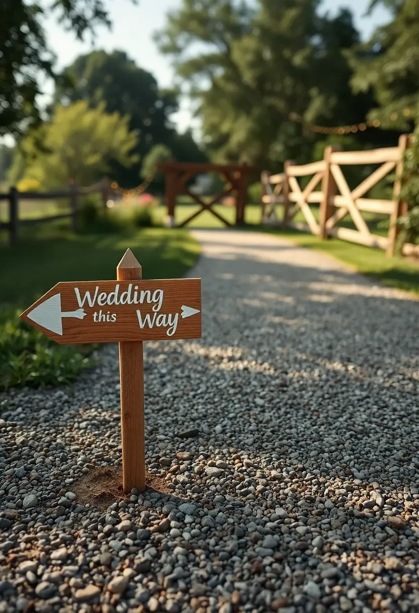 A gravel parking area at the edge of a property with hand-lettered wooden arrow signs directing guests toward a backyard wedding entrance