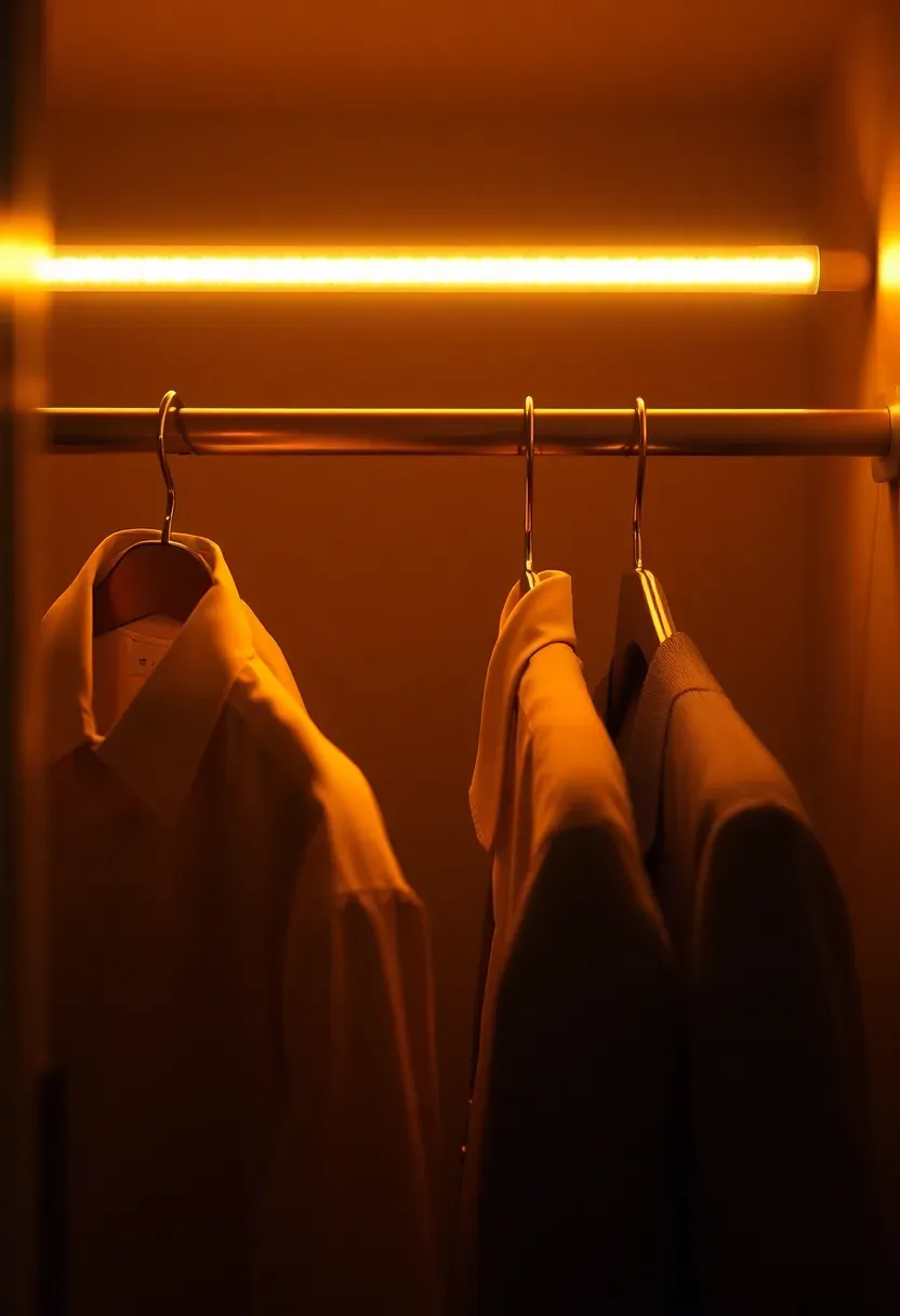 Closet rod with integrated LED strip light glowing warm white, illuminating hanging shirts and jackets in a dark reach-in closet