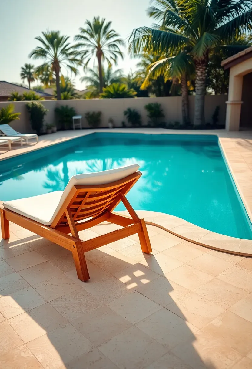 Cream travertine tiles surrounding a rectangular swimming pool with bullnose coping edges and lounge chairs on the deck under palm trees