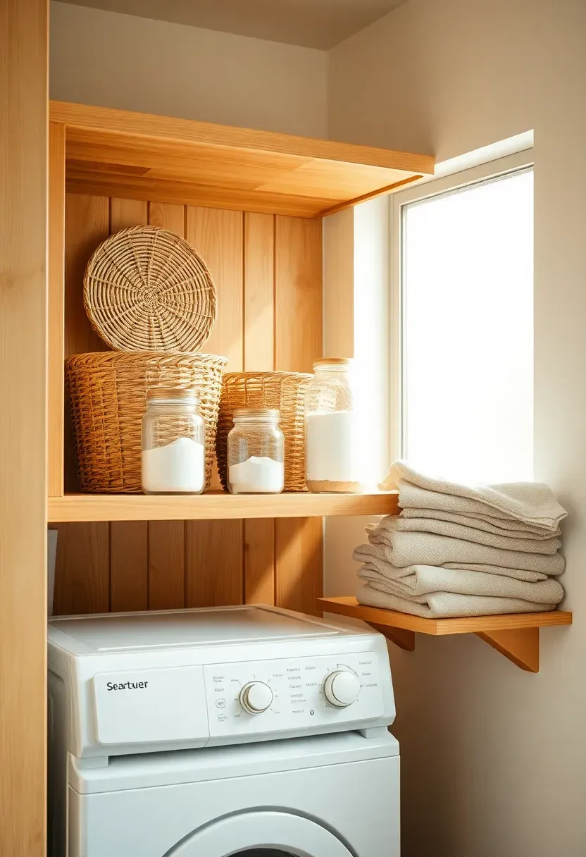 Open wooden shelves above a stacked washer dryer filled with woven baskets, glass jars of laundry powder, and folded linens