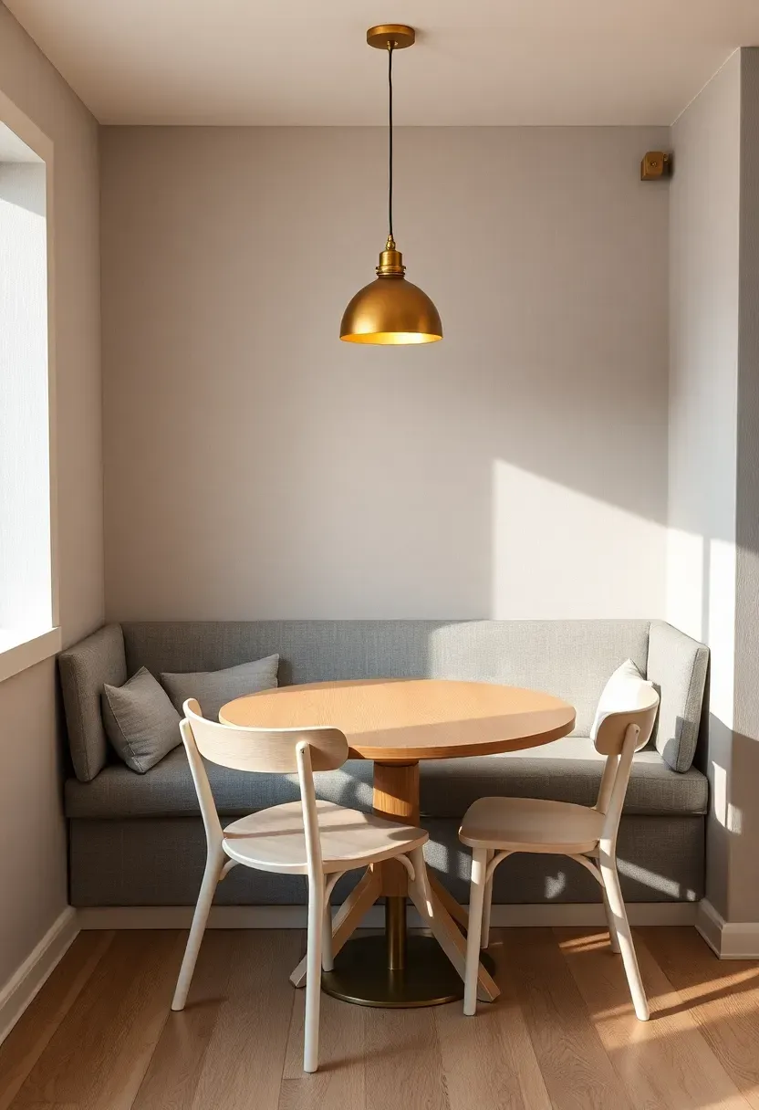 Built-in upholstered banquette in a basement apartment dining area with a small round table and pendant light above