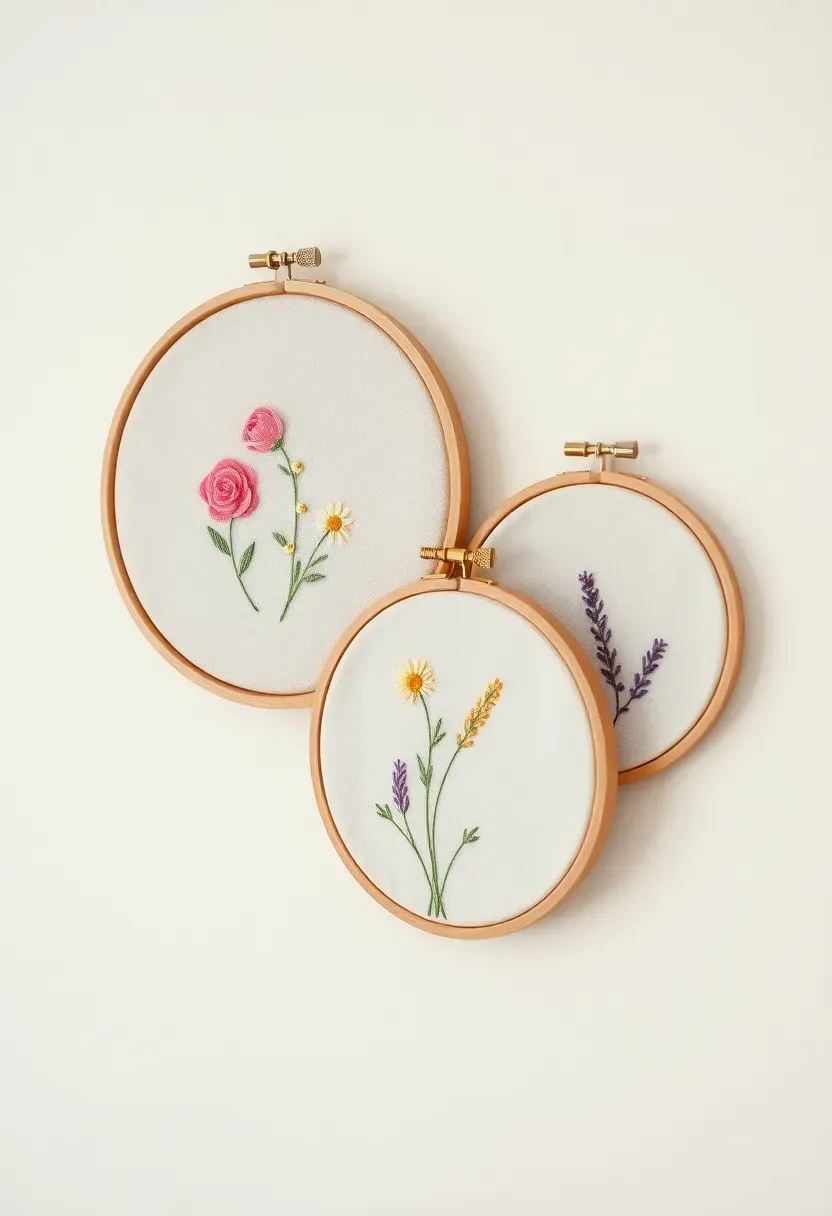 Embroidered hoop wall art with floral cross-stitch designs in pastel threads displayed in a cluster of three on a white wall