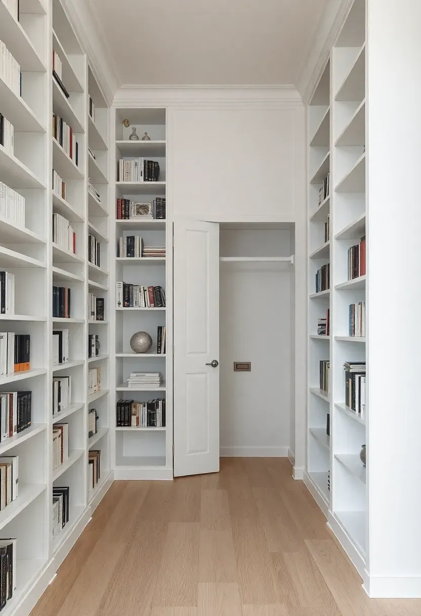 Hyper-realistic 3/4 view of a minimalist white library with floor-to-ceiling bookshelves. One section of the shelving is actually a hidden door (barely visible), opening to reveal a closet space. The shelving has consistent spacing with no visible break at the door. Books arranged with careful editing, some decorative objects. White oak flooring. Materials: white painted wood, white oak flooring, hidden door hardware. Bright even light from overhead fixtures, sleek minimalist mood like a high-end modern home. Sharp details, nearly invisible door seam, no clutter.</p>