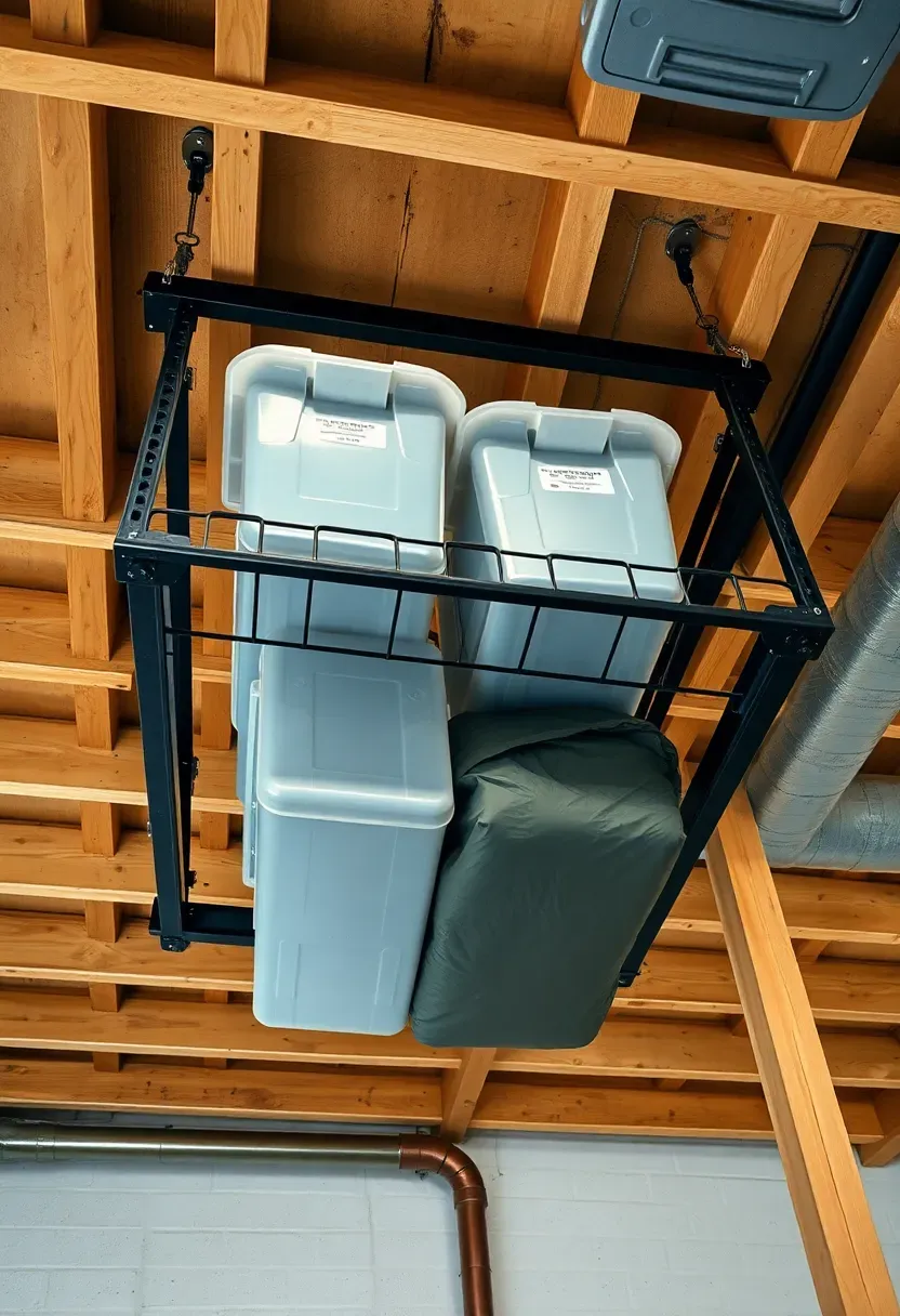 Ceiling-mounted overhead storage platform in a basement with large plastic totes secured on a metal rack suspended from joists