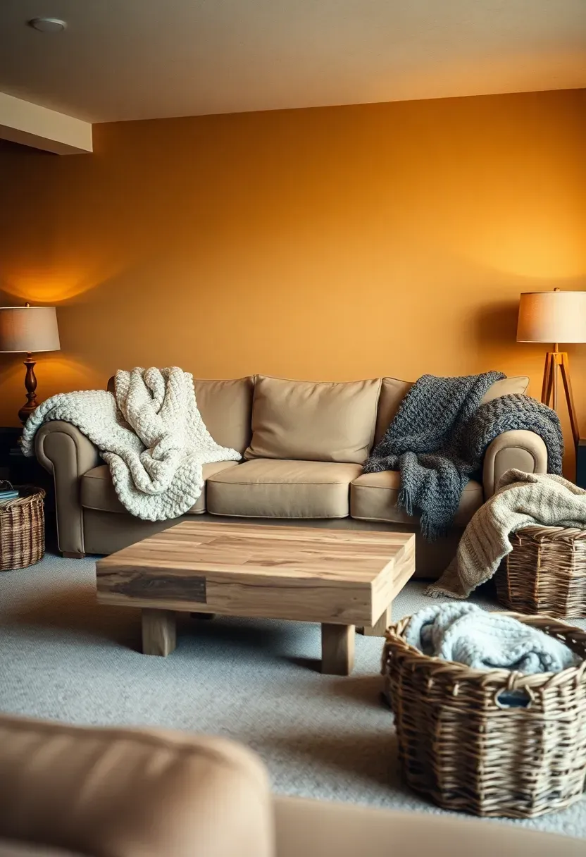 basement family room with golden wheat colored walls and cozy textile accents
