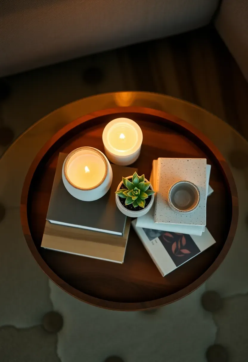 Styled decorative tray on a basement coffee table holding a candle, small plant, books, and a ceramic dish