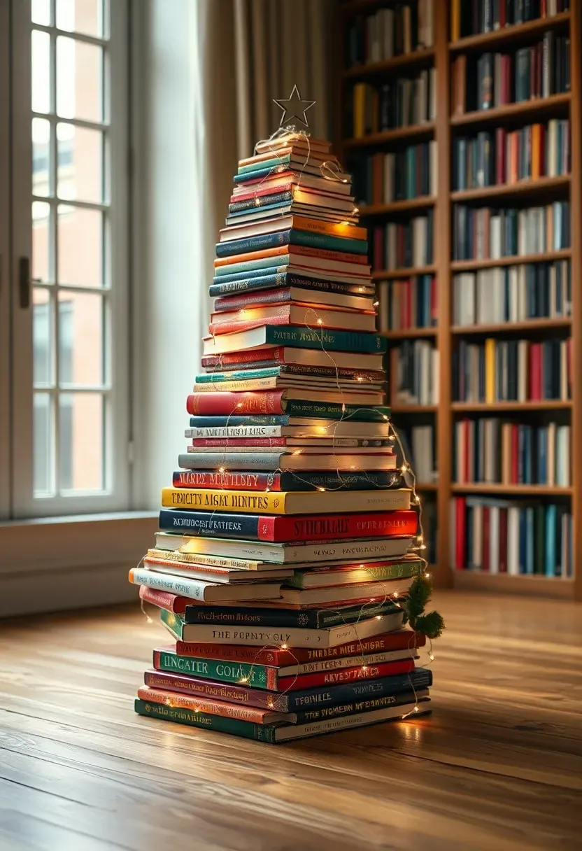 Hyper-realistic 3/4 view of a Christmas tree sculpture made from stacked hardcover books arranged in a tree shape, wrapped with warm white fairy lights. Materials: varied hardcover books with colorful spines, warm micro LED fairy lights, wood floor. Library lamp light mixed with window light (3000K), creating cozy ambiance. Literary mood, shallow depth of field with book spine titles readable, visible room context with floor-to-ceiling bookshelves. No text, no logos, no watermarks.</p>