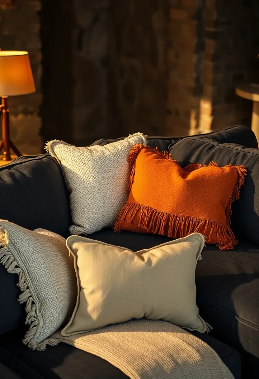 Collection of textured throw pillows in mustard, rust, and cream arranged on a dark sofa in a basement living area