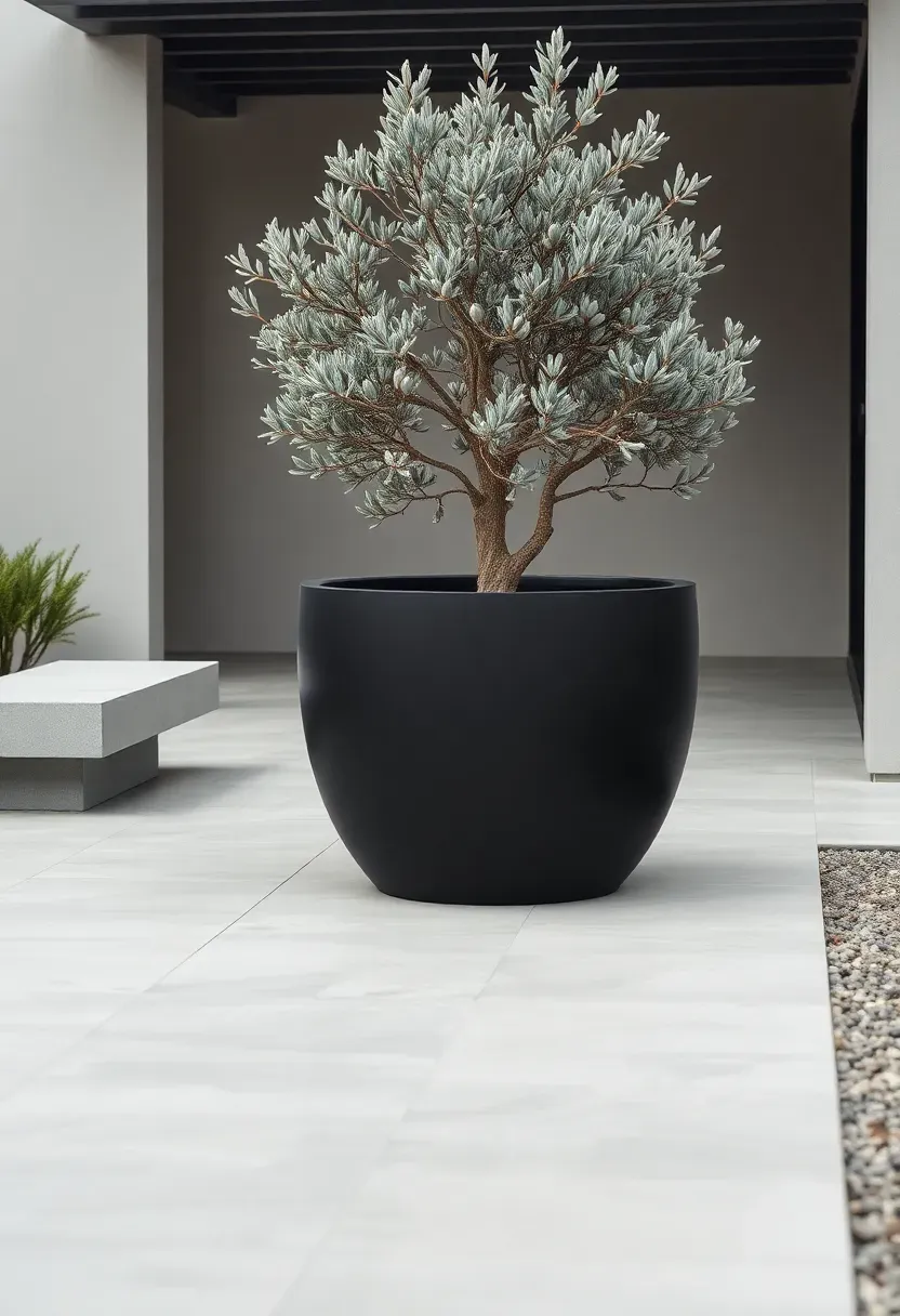 Large matte black fiberglass planter with a smooth finish holding a small olive tree on a contemporary patio with concrete flooring