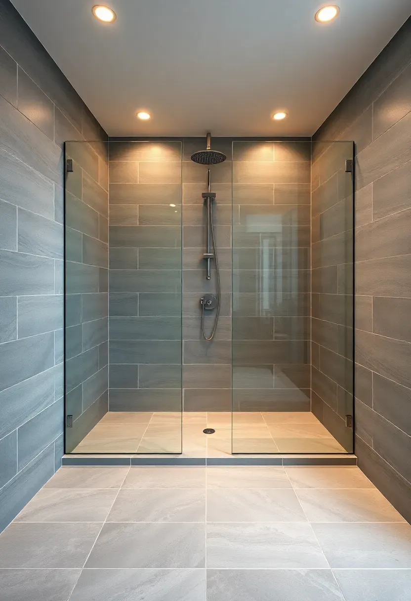 Spacious basement bathroom with a curbless walk-in shower featuring large gray tiles and a glass panel