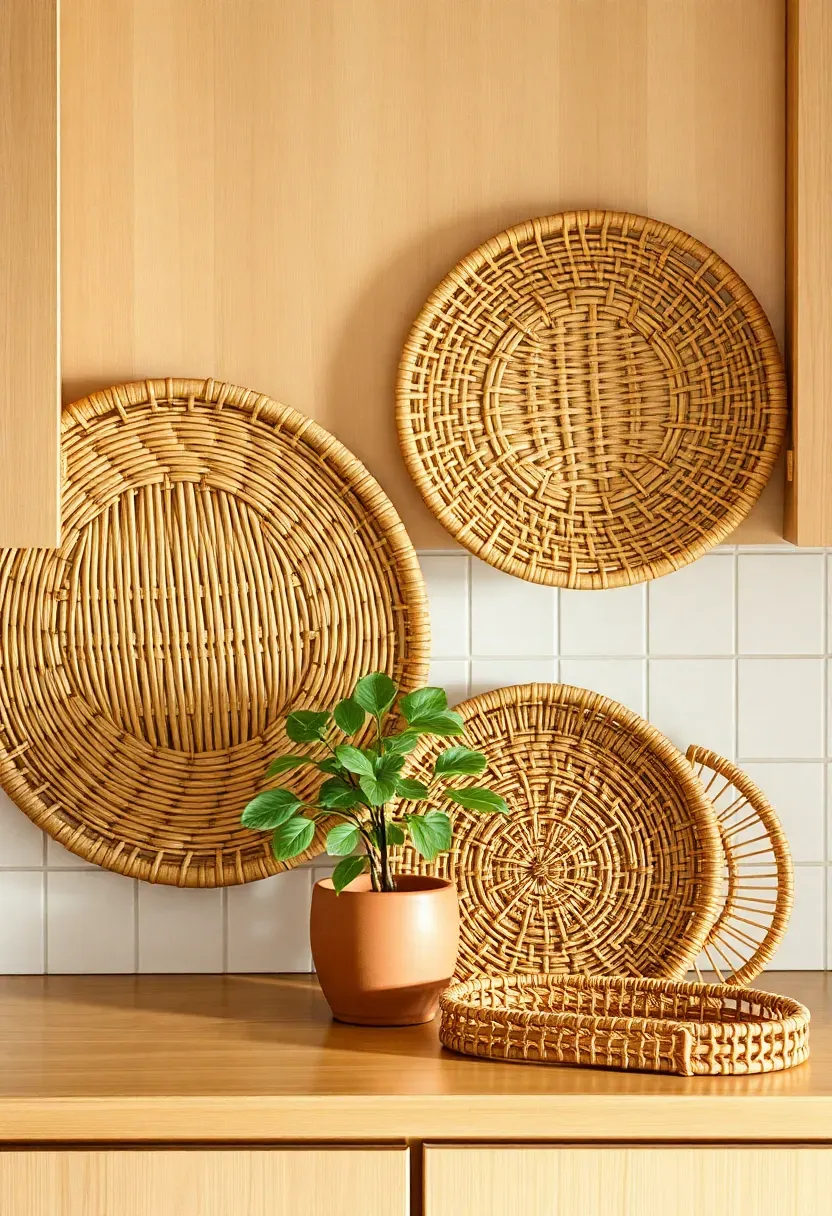 Wicker and seagrass trays leaned upright above kitchen cabinets as natural wall art