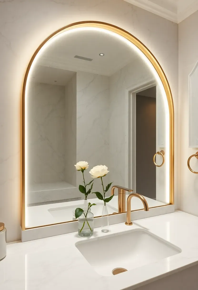 Large arched mirror with built-in LED light strip along the arch frame in a luxurious bathroom with marble walls