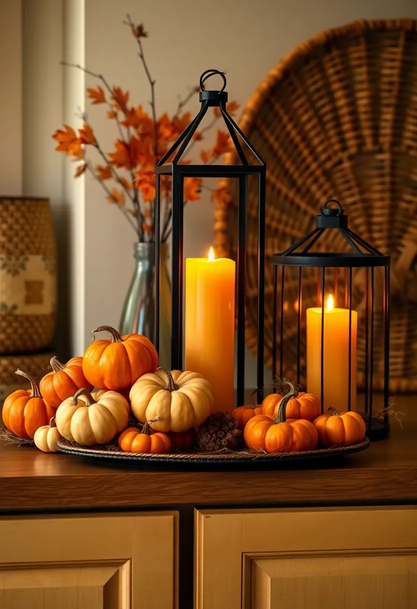 Seasonal rotating display above kitchen cabinets featuring autumn gourds, mini pumpkins, and copper lanterns — easy to swap year-round
