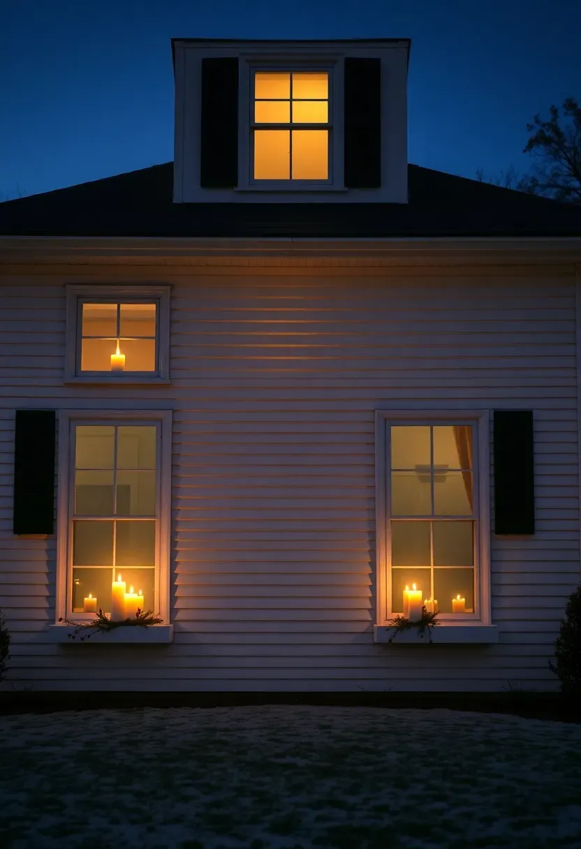 Hyper-realistic exterior dusk shot of house front featuring windows with LED pillar candles. Two-story white clapboard house with six double-hung windows visible across front facade. Each window contains three battery-operated LED candles (4 5 and 6 inches) on white painted sill. Warm white candlelight glow visible through window glass. Small sprigs of fresh pine with red berries placed around base of each candle grouping. Window trim white, black shutters flanking windows. Dark blue twilight sky with first pink-orange sunset remnants on horizon. Front yard with light snow. Materials: painted wood, LED candles, fresh pine, berries. Warm candlelight (2700K) contrasted with cool twilight (6000K), traditional neighborhood mood, medium-wide composition showing window array pattern across facade, horizontal repetition. No text logos watermarks.</p>
