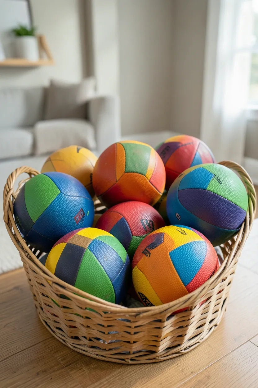 Colorful textured medicine balls stored in a wall rack in a small apartment workout room — dynamic power training equipment for home gyms