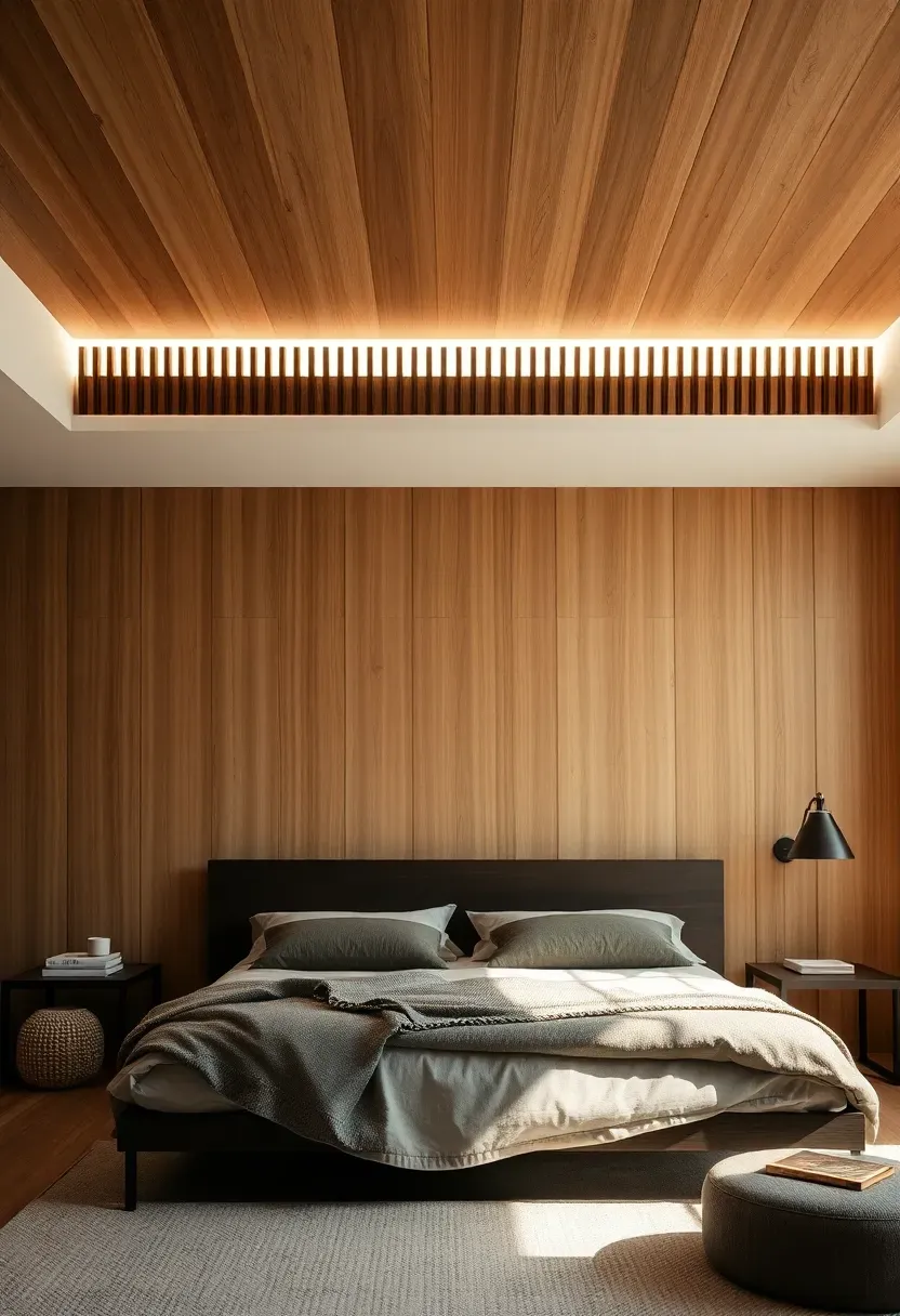 Slatted wood ceiling strip for quiet rhythm