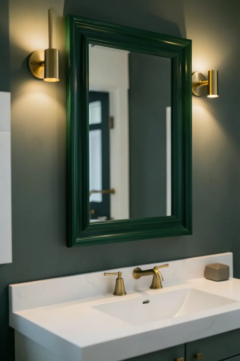 Hunter green rectangular mirror frame above a white vanity in an apartment bathroom, paired with brass wall sconces and white tile background
